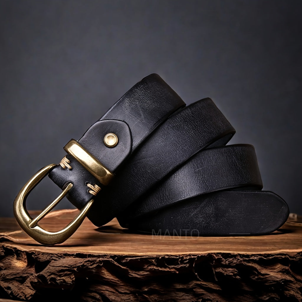 Ceinture homme en cuir pleine fleur avec boucle vintage en métal massif