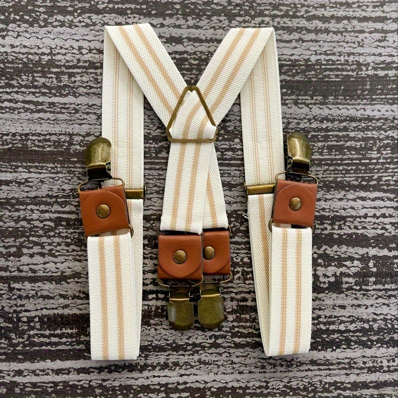 Bretelles homme style vintage à rayures avec pinces métal et finitions cuir