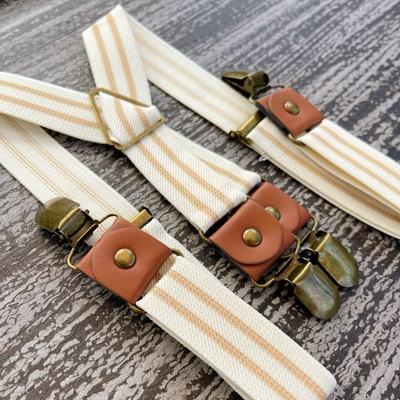Bretelles homme style vintage à rayures avec pinces métal et finitions cuir