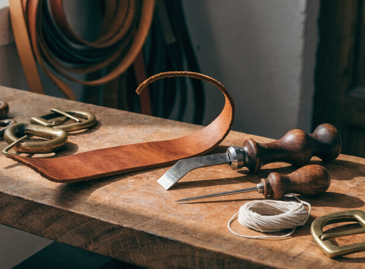 Établi d'atelier : cuir tanné, outils et boucles en laiton