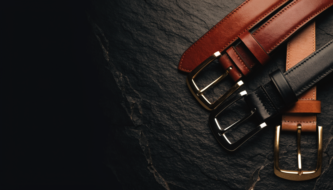 Ceintures en cuir noir, cognac et marron sur ardoise