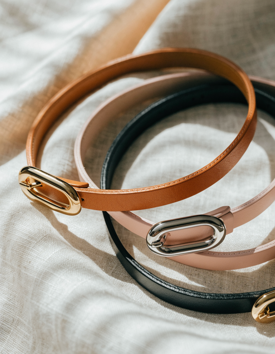 Trois ceintures fines femme camel, rose et noire à boucle dorée