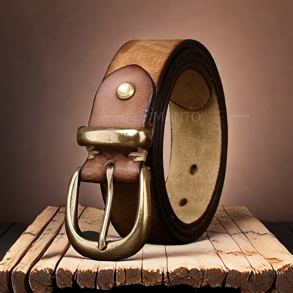 Ceinture homme en cuir pleine fleur avec boucle vintage en métal massif