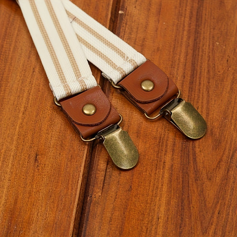 Bretelles homme style vintage à rayures avec pinces métal et finitions cuir