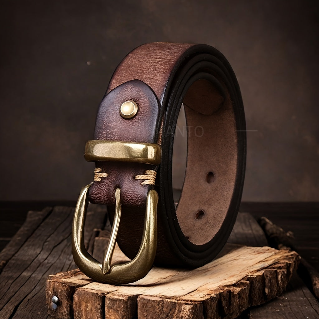 Ceinture homme en cuir pleine fleur avec boucle vintage en métal massif