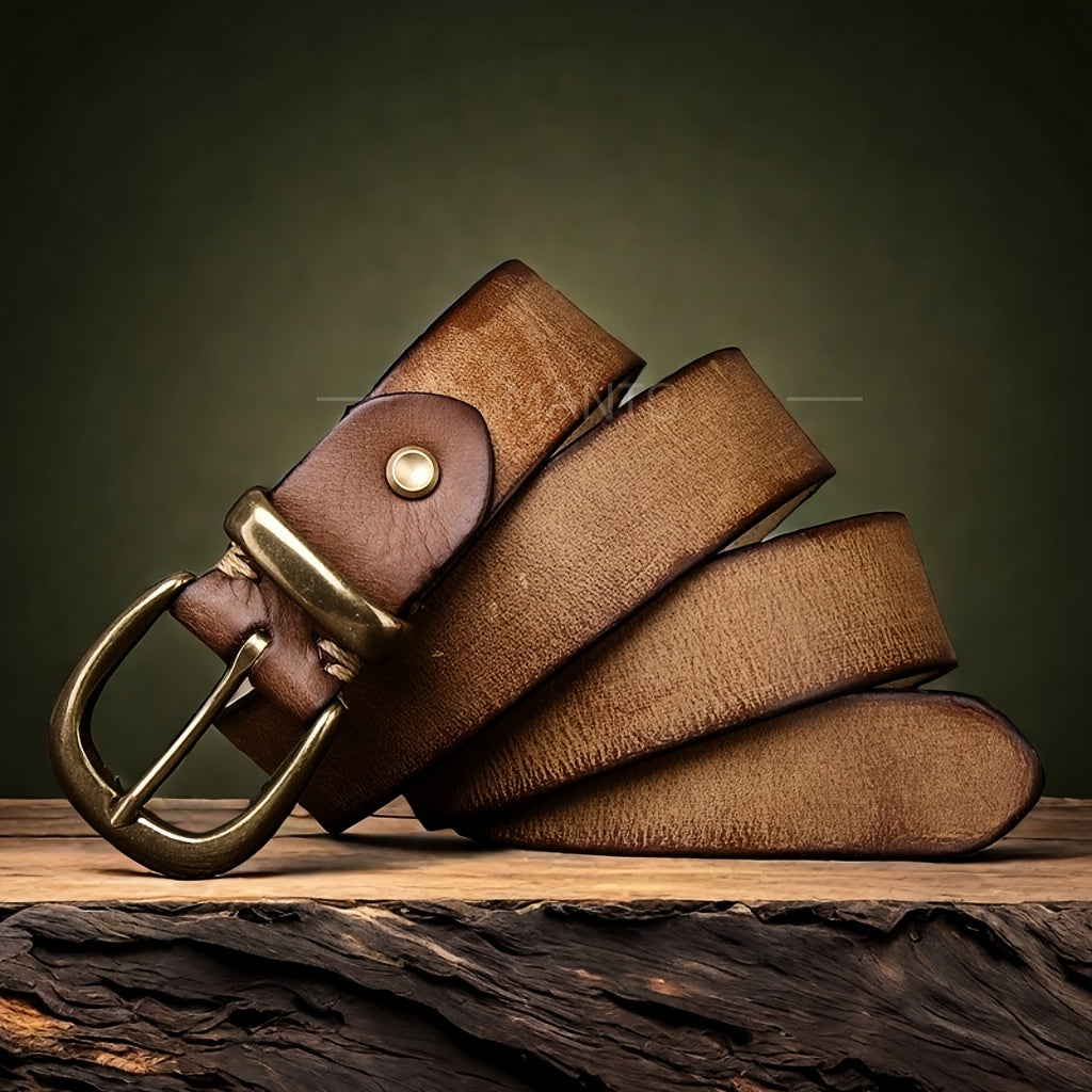Ceinture homme en cuir pleine fleur avec boucle vintage en métal massif